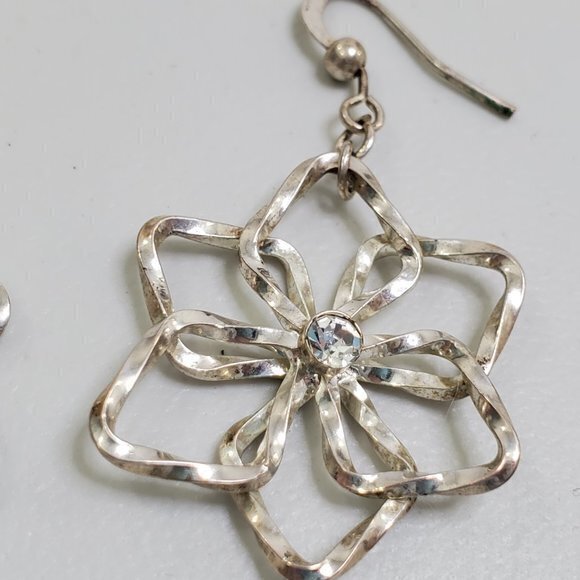 Floral Earrings Silver Tone Twist Rhinestone Dangl - Picture 8 of 11